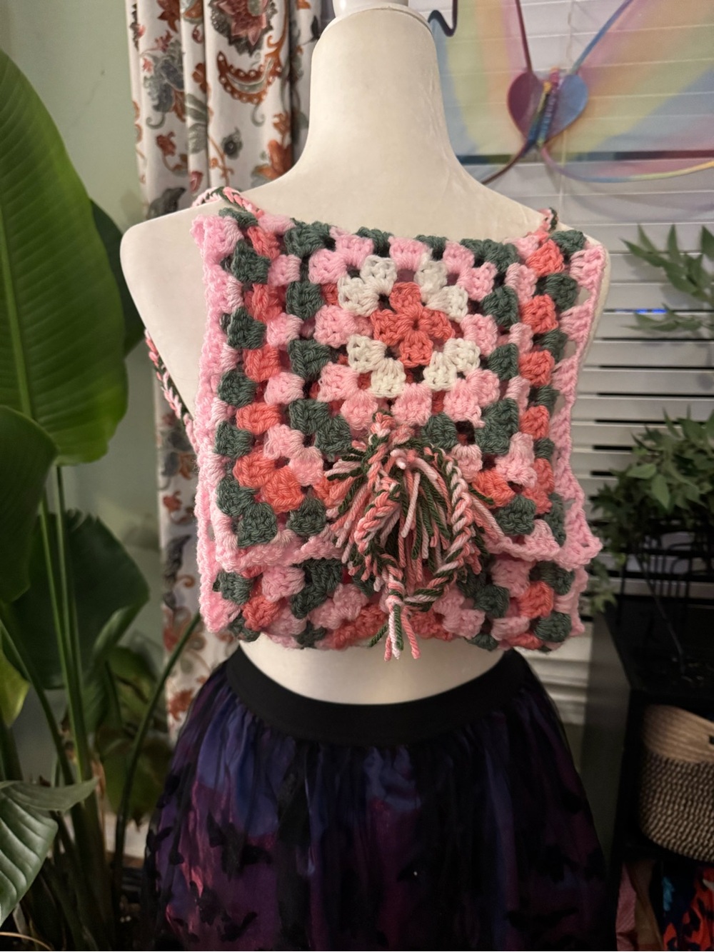 Handmade Crochet Square Backpack - Pink & Green